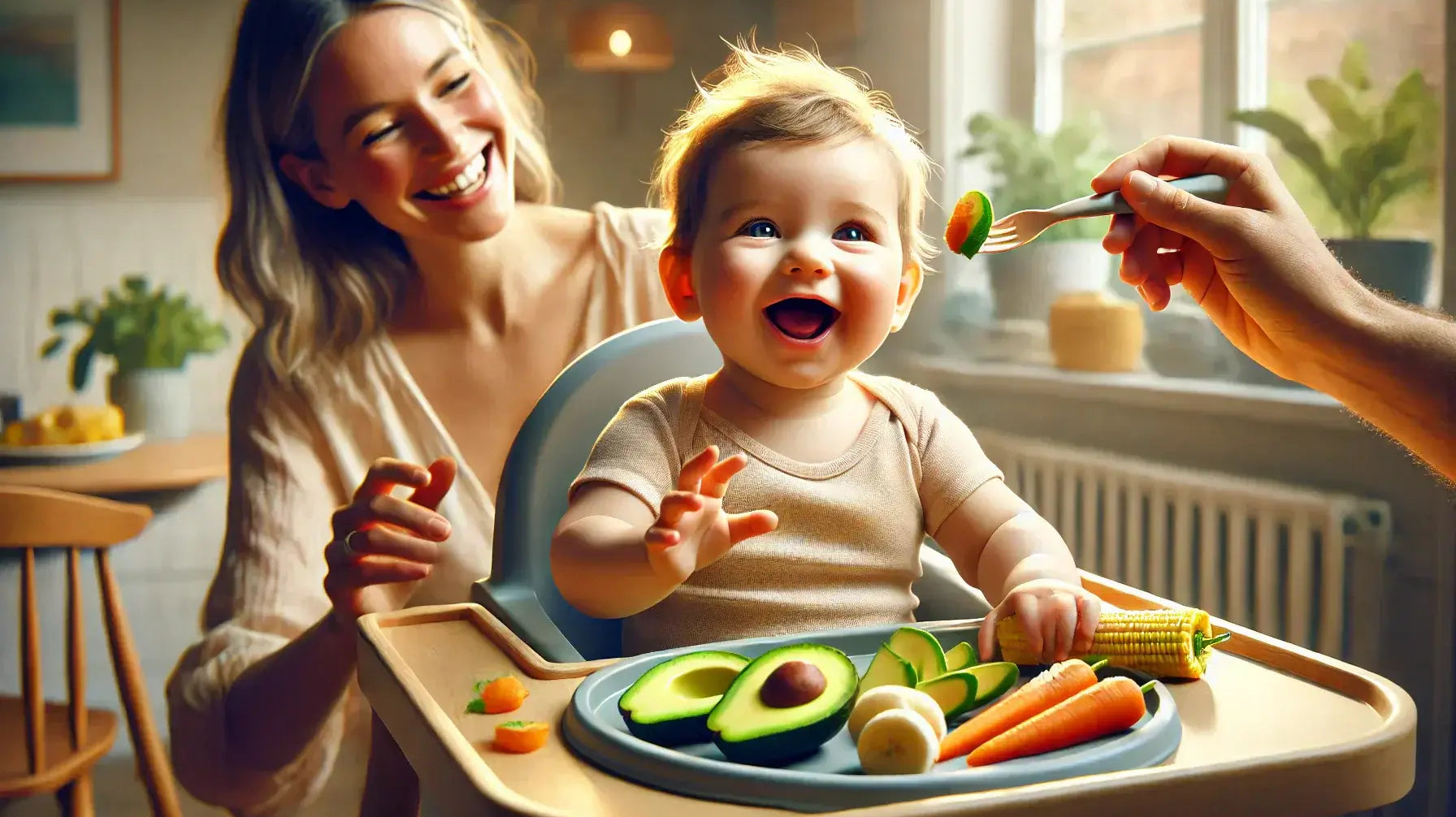 Mother feeding her happy baby with healthy vegetables during first food introduction.