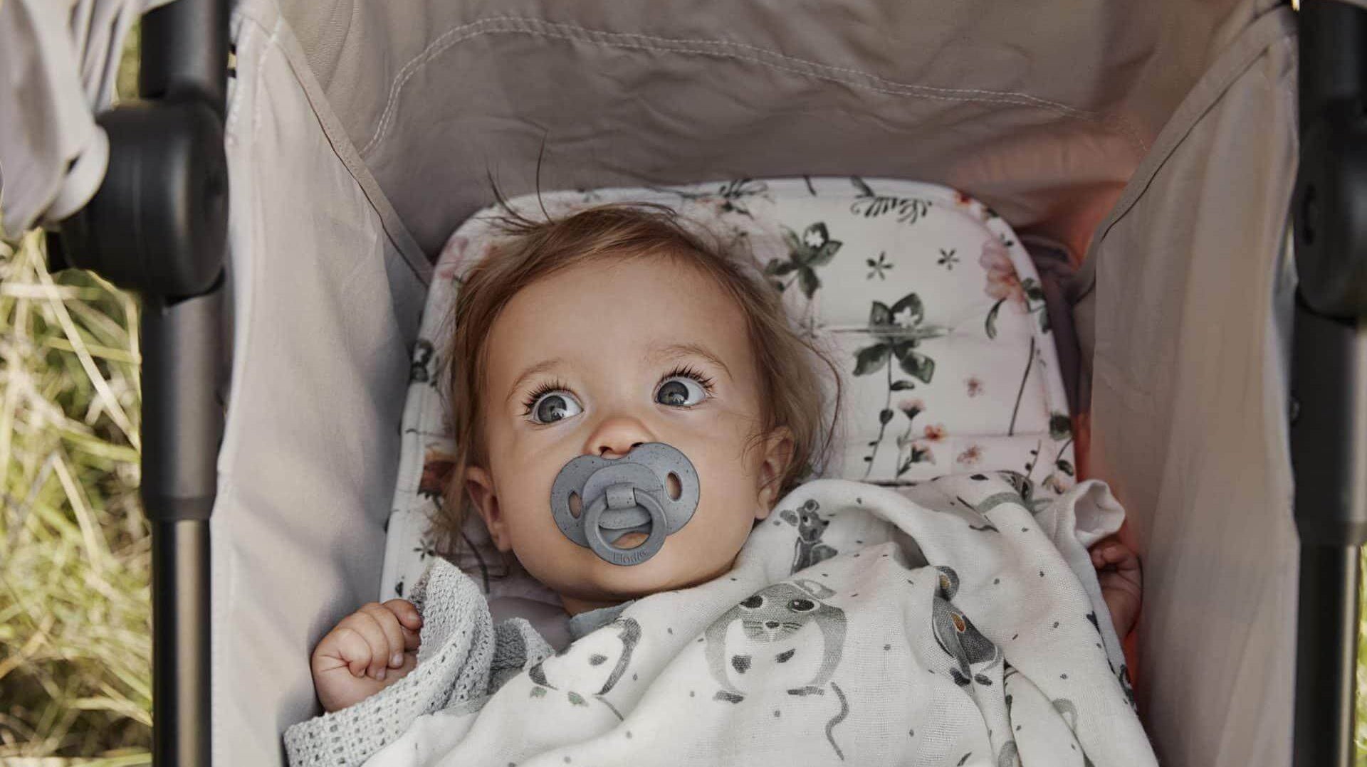 Bebê com chupeta cinza em carrinho, coberto com manta, olhando para cima em ambiente natural.