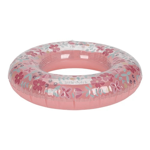 Little Dutch pink flower inflatable swim ring, 50 cm diameter, perfect for kids' aquatic fun and easy transport.
