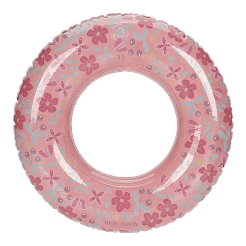 Little Dutch pink flower inflatable swim ring, 50 cm, perfect for kids' water fun and easy travel.
