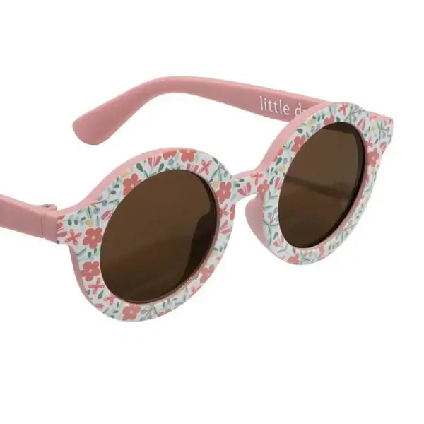 Óculos de sol de criança Round Flowers da Little Dutch com design rosa e estampas florais, proteção UV400.