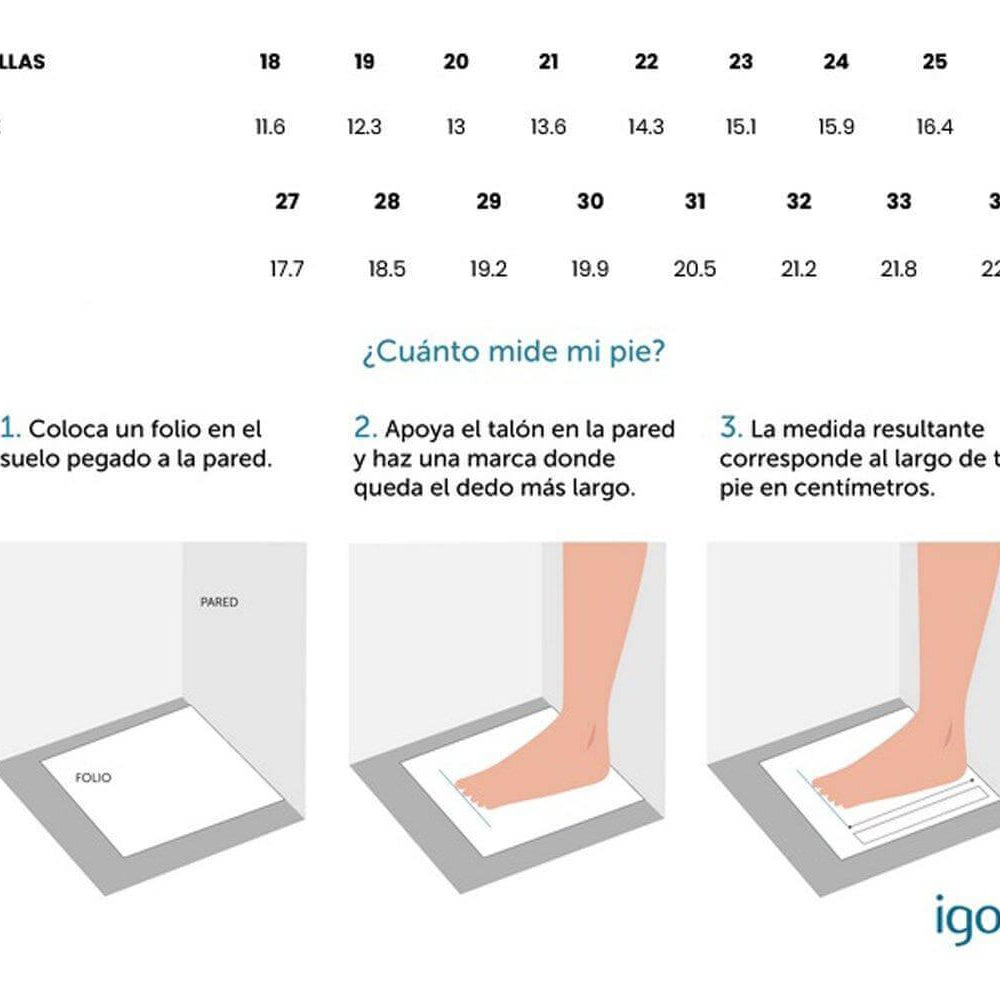 Tabela de tamanhos e instruções para medir o pé das sandálias Igor.