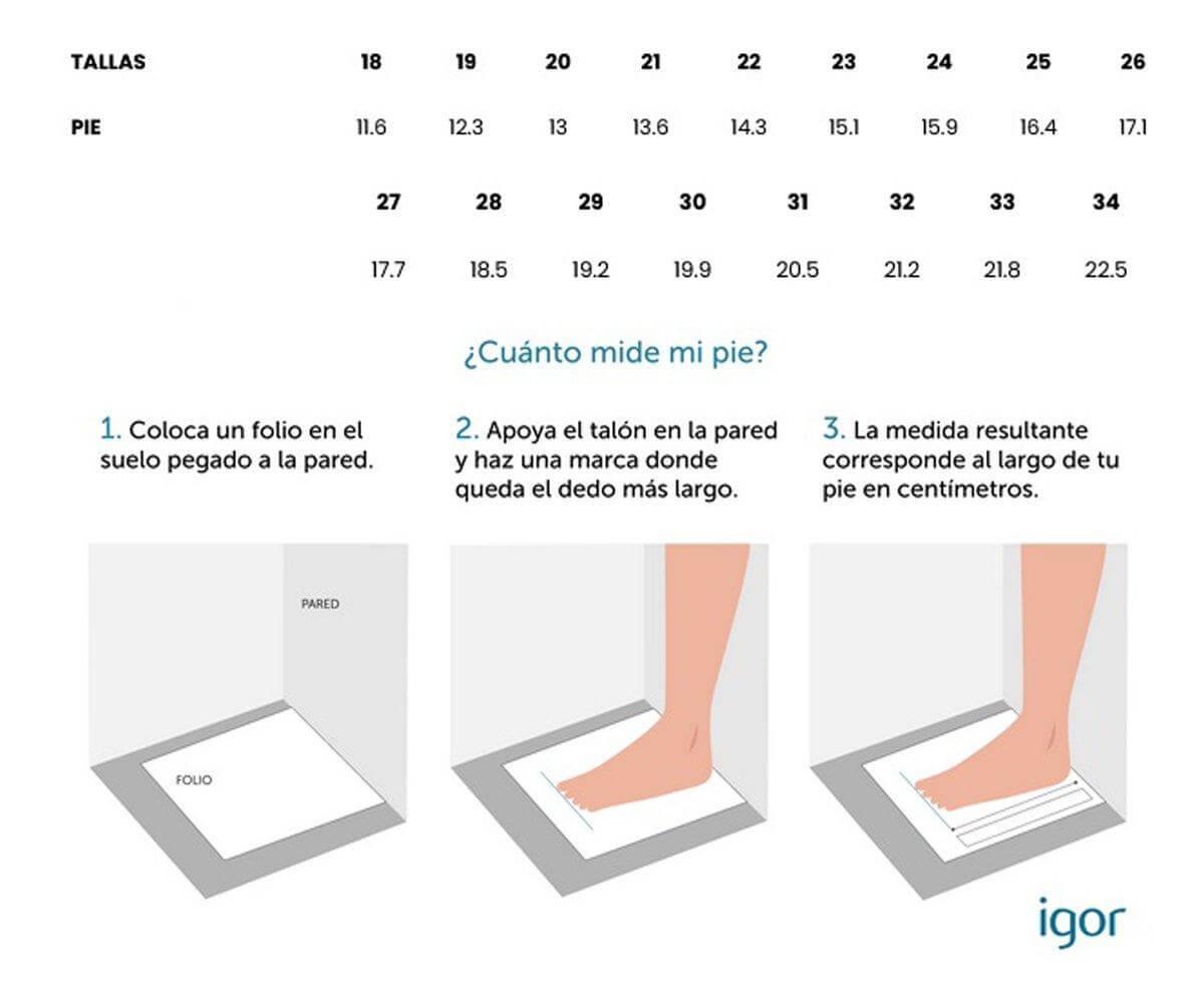 Tabela de tamanhos e instruções para medir o pé das sandálias Igor.