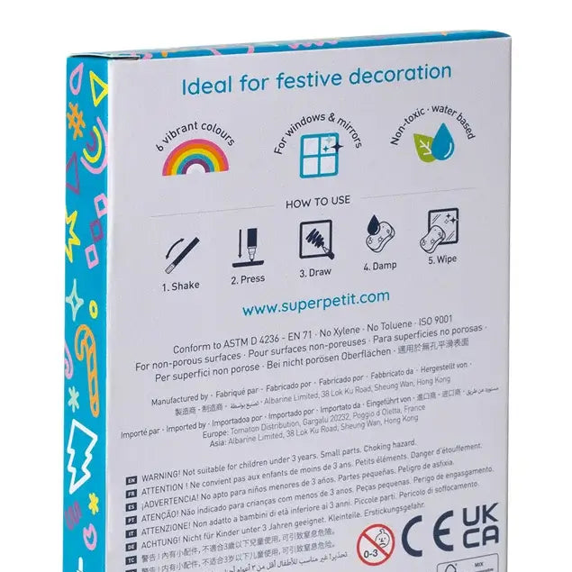 Box of SuperPetit XXL glass markers for windows and mirrors featuring instructions and vibrant design, ideal for creative play.