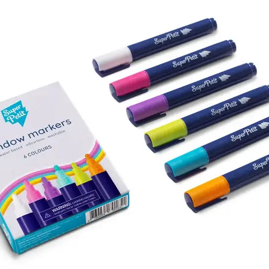 Conjunto de 6 marcadores de vidro SuperPetit em cores vibrantes, ideal para janelas e espelhos.