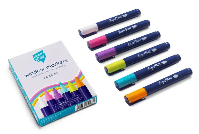 Conjunto de 6 marcadores de vidro SuperPetit em cores vibrantes, ideal para janelas e espelhos.