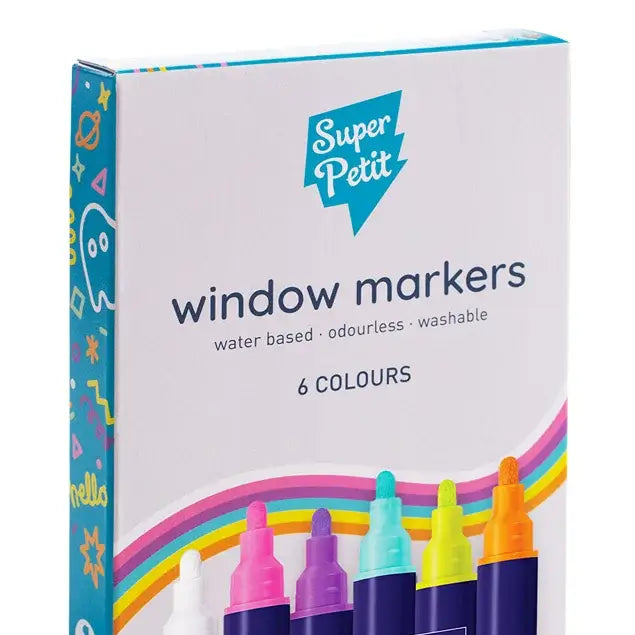Caixa de marcadores de janela SuperPetit com 6 cores vibrantes, à base de água, laváveis e inodoras.
