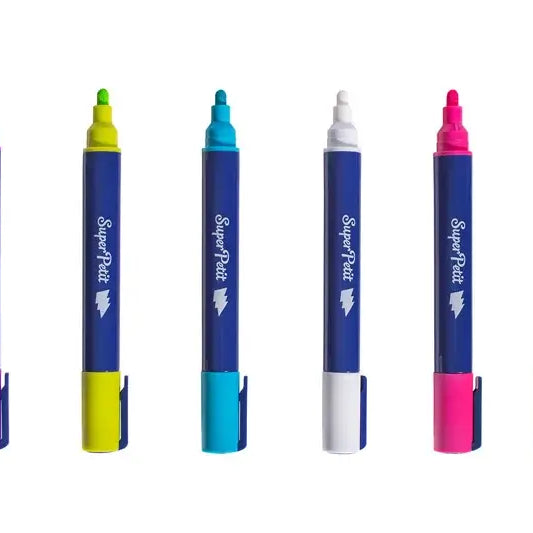 Conjunto de 6 marcadores SuperPetit para vidro, em cores vibrantes, ideal para criatividade infantil.