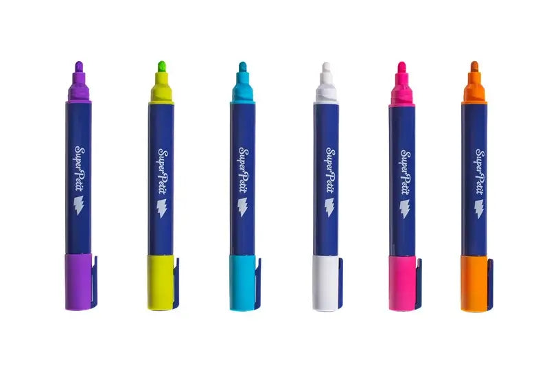 Conjunto de 6 marcadores SuperPetit para vidro, em cores vibrantes, ideal para criatividade infantil.