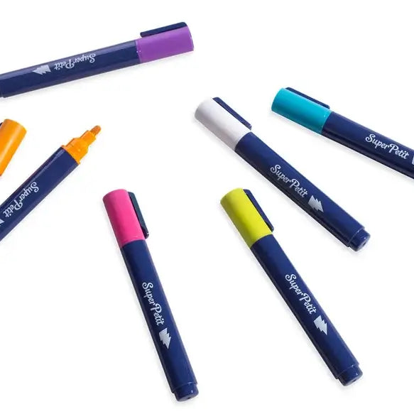 Conjunto de 6 marcadores apagáveis SuperPetit em cores vibrantes para vidros, janelas e espelhos.