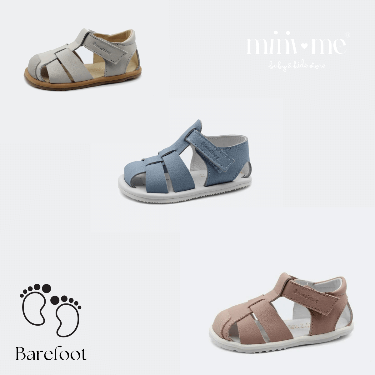 Coleção de sandálias infantis barefoot da marca Minime, exibindo modelos em tons variados.