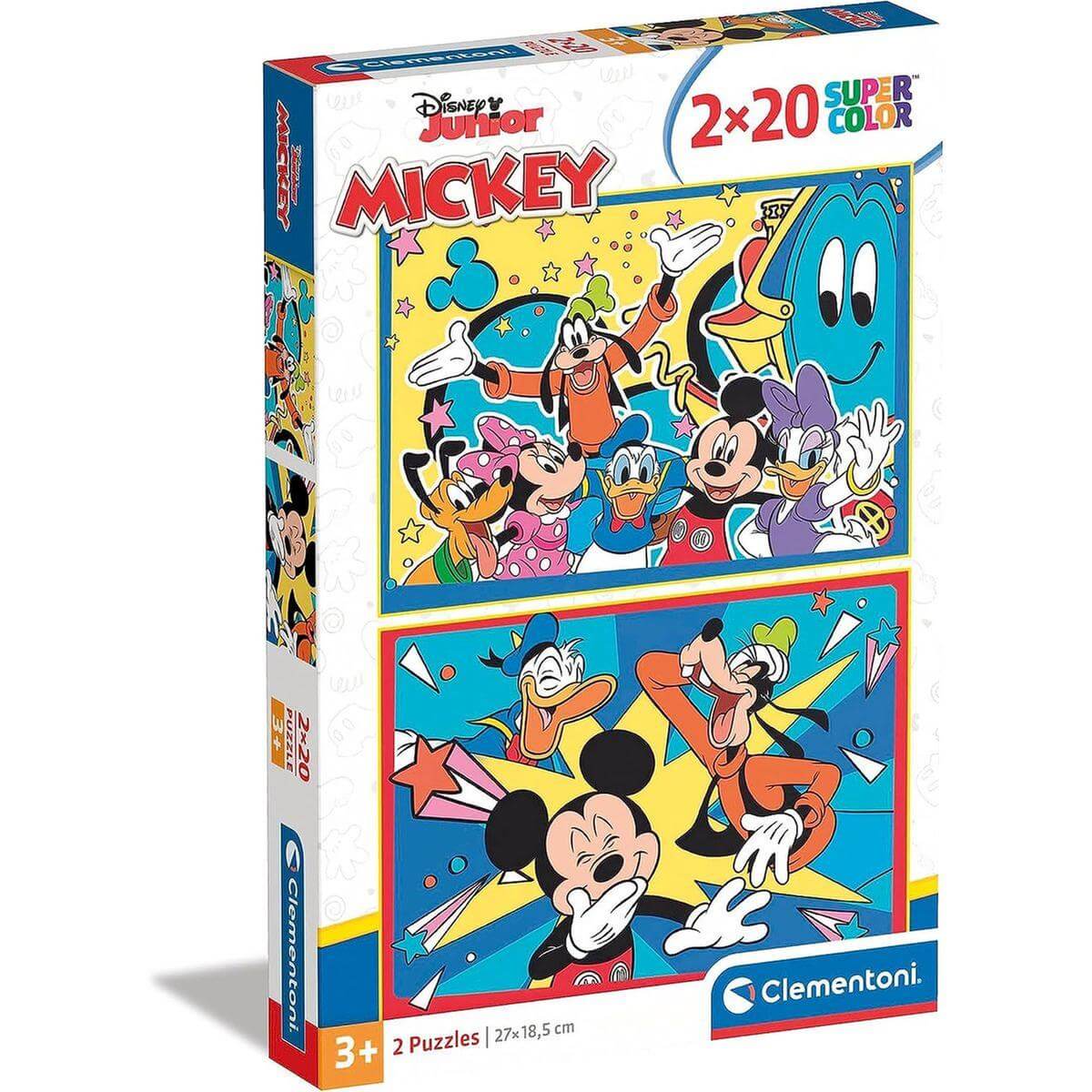 Puzzle Mickey 2X20 - Clementoni featuring colorful Disney characters on puzzle box packaging.