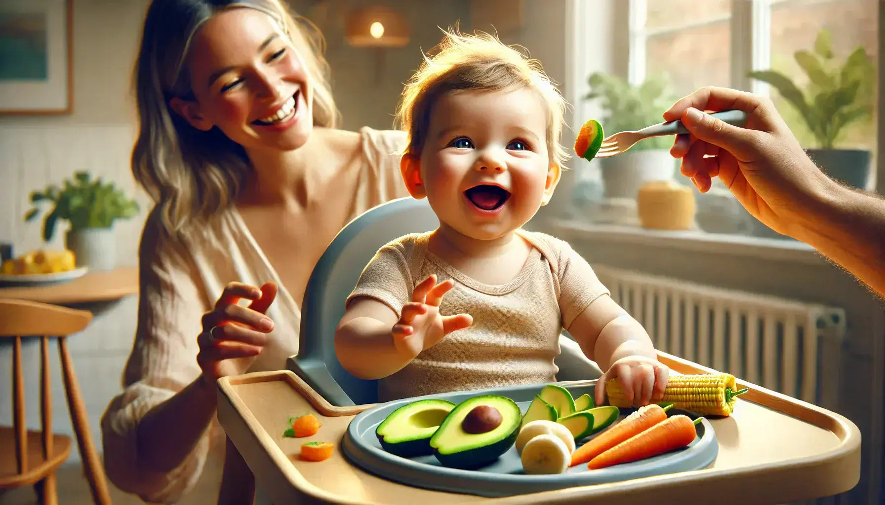 Mother feeding her happy baby with healthy vegetables during first food introduction.