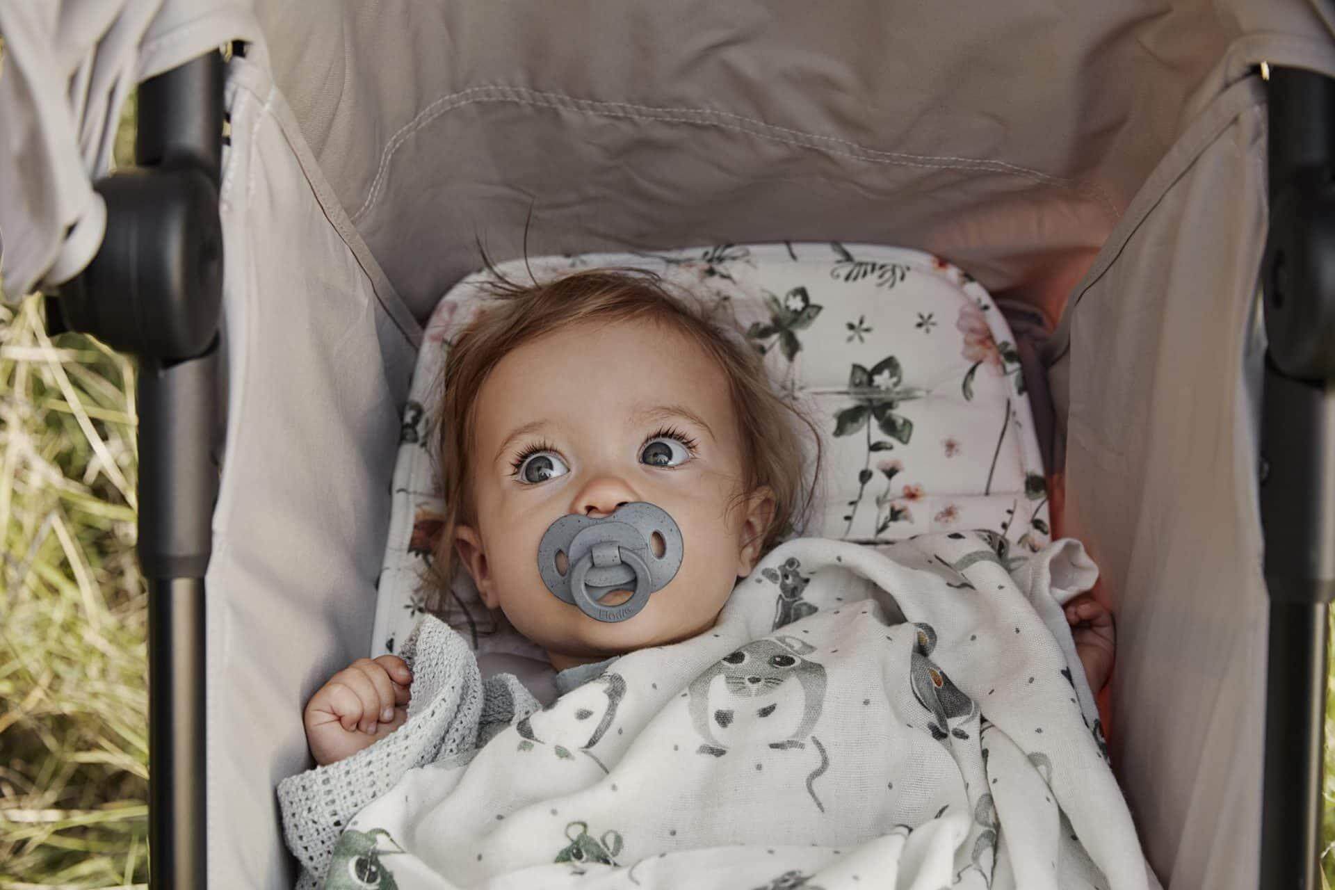 Bebê com chupeta cinza em carrinho, coberto com manta, olhando para cima em ambiente natural.