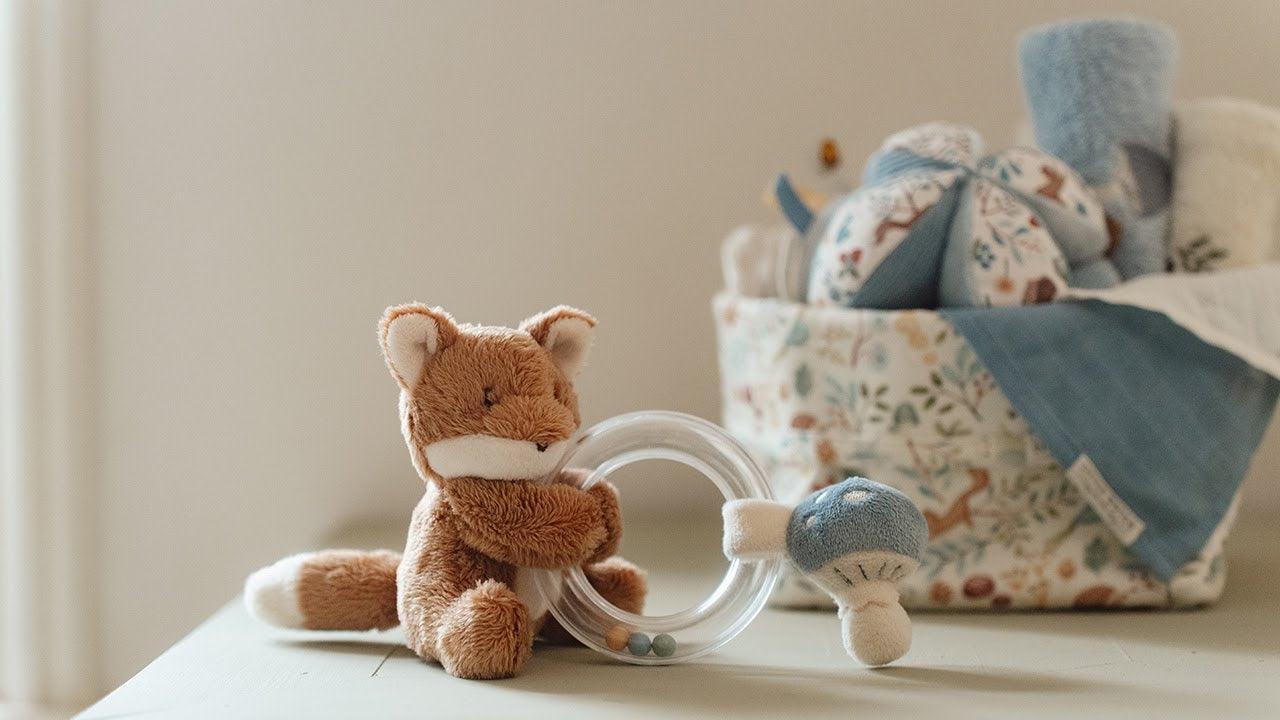 Soft plush fox toy and baby rattle, part of the Little Dutch Forest Friends collection, promoting nature connection.