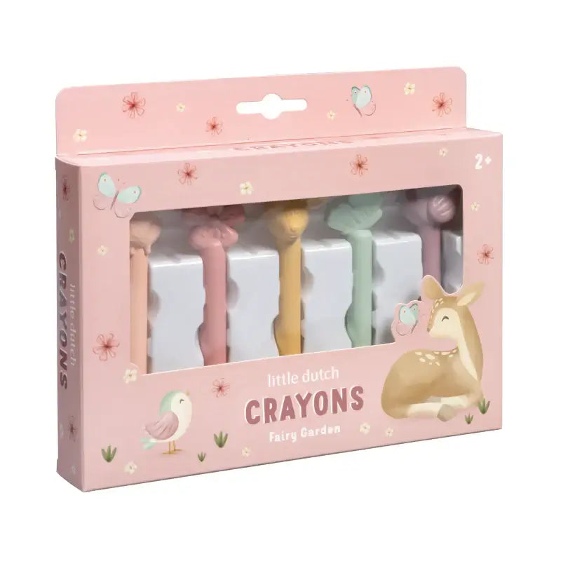 Lápis de Cera Fairy Garden Little Dutch em embalagem com lápis em formas de animais e cores pastel.