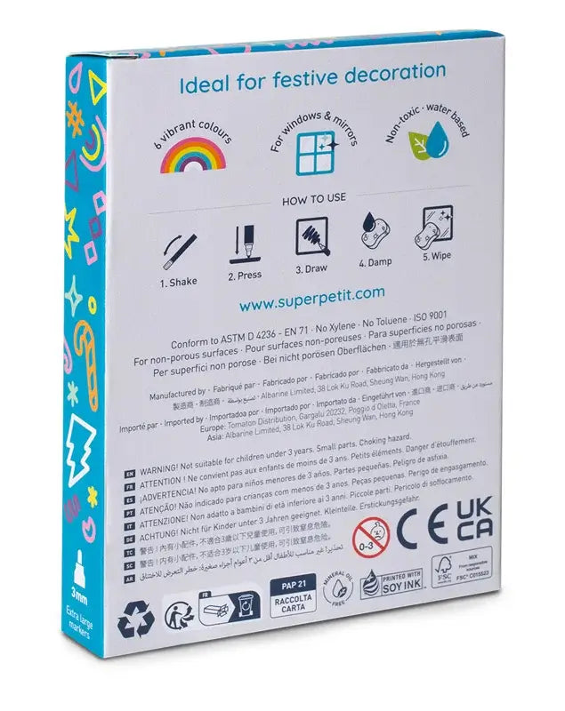 Box of SuperPetit XXL glass markers for windows and mirrors featuring instructions and vibrant design, ideal for creative play.