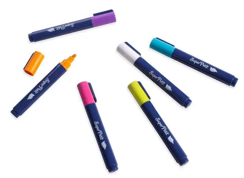 Conjunto de 6 marcadores apagáveis SuperPetit em cores vibrantes para vidros, janelas e espelhos.