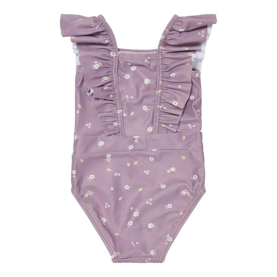 Mauve sleeveless swimsuit with ruffled straps and floral print by Little Dutch made from recycled polyester.