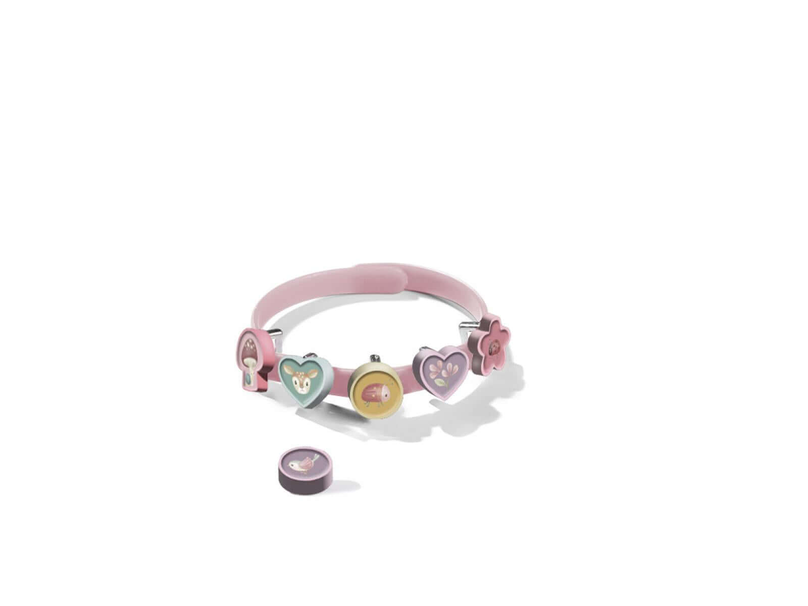 Cute pink bracelet from Little Dutch featuring colorful charms like hearts, flowers, and a flamingo for creative kids.