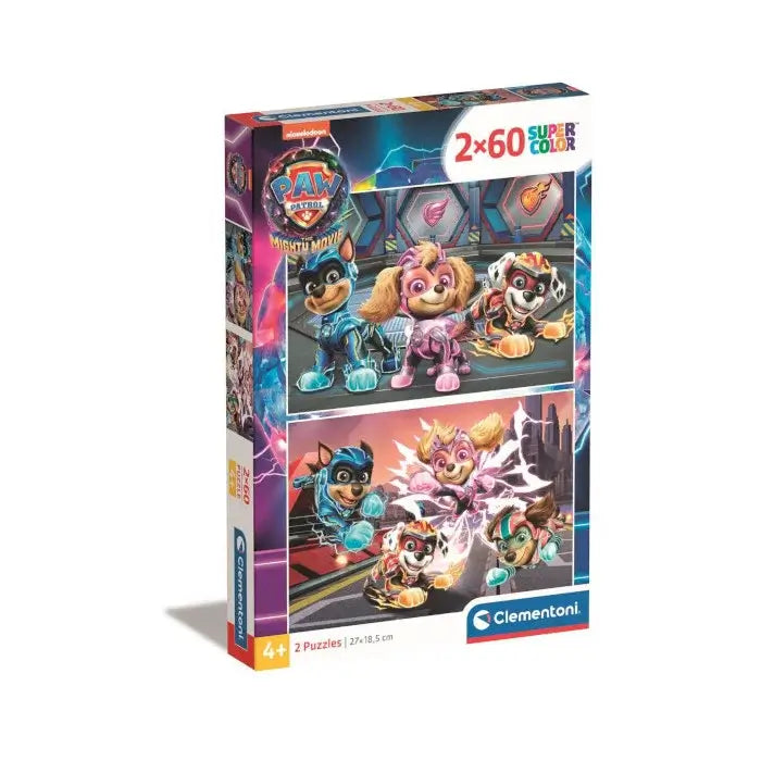 Puzzle Patrulha Pata 2X60 - Clementoni, caixa com dois puzzles de 60 peças cada, temática Mighty Movie.
