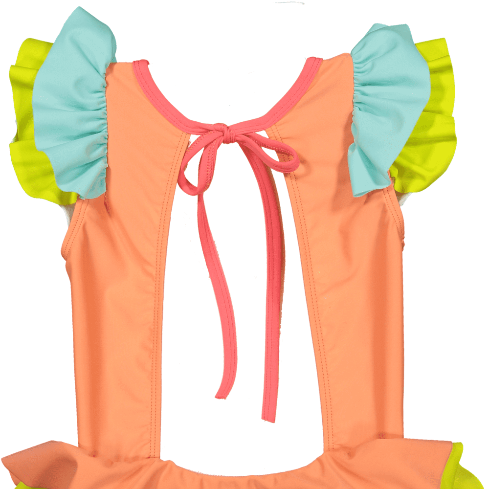 Fato de banho de menina Candy Colors com laço nas costas e design colorido e refrescante. Forrado com licra super suave, disponível de 1 a 6 anos