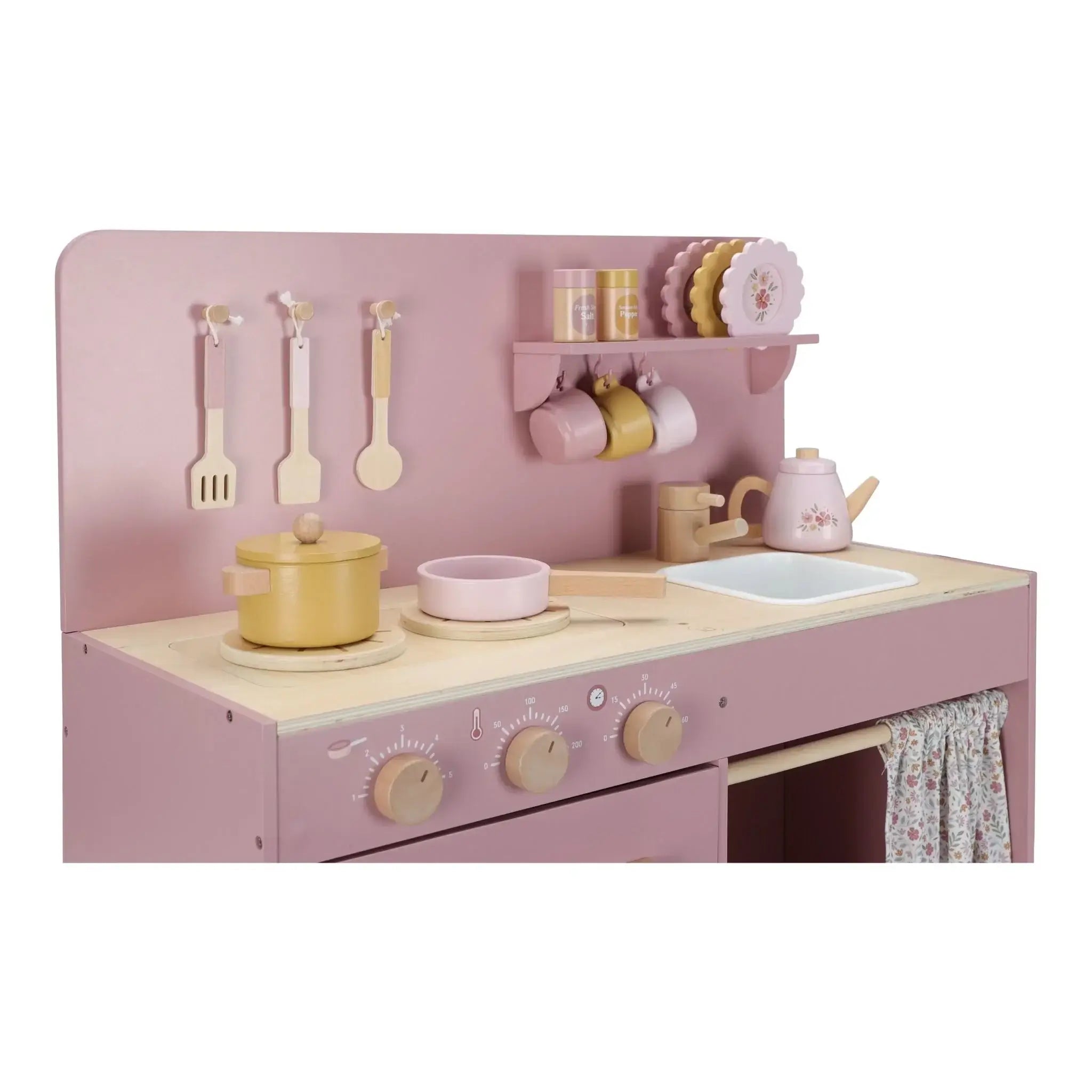 Cozinha Rosa - Little Dutch, cozinha de brincar com utensílios de madeira, design encantador em rosa e Soft Flowers.