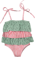 Green Leafs children's swimsuit with green leaf and pink stripe pattern, frills, and adjustable shoulder ties